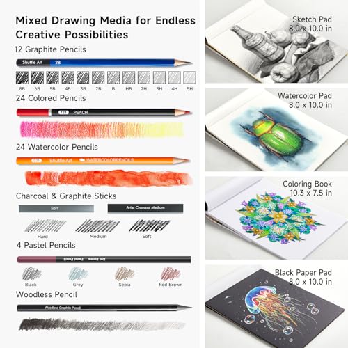 Shuttle Art 116 PCS Drawing Kit, Professional Drawing Supplies with Sketch, Charcoal, Colored, Graphite, Pastel Pencils & Sticks, Complete Drawing Tools and Paper Pads in Zipper Case for Artists&Kids - Image 3