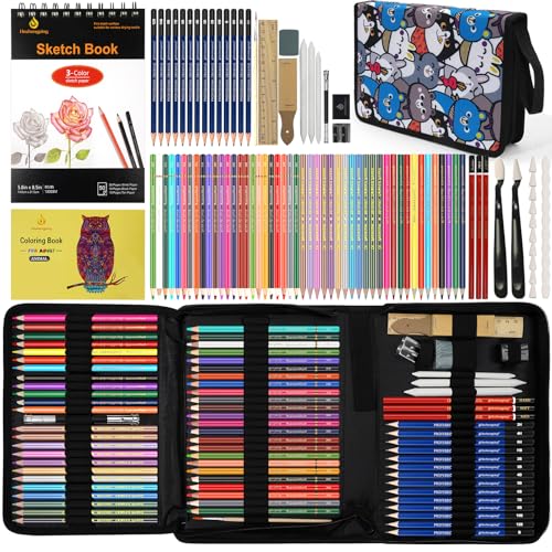 Daerthotk 100 Art Supplies Drawing Kit Pro Drawing Supplies Set has 3-Color Sketchbook Coloring book Graphite Colored Charcoal Watercolor Pencils Drawing Set Gifts Case for Artists Adults Family