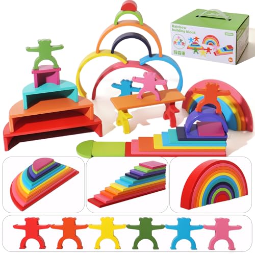 Dinhon 40-Piece Wooden Rainbow Stack Set, 4-in-1 Building Blocks preschoolers Early Development & Activity Toys Montessori Toys for Kids 1 2 3 4 Years and Older Gifts for Boys and Girls