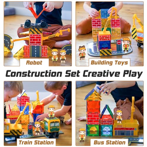 Soyee Magnetic Tiles Magnetic Construction Toys with 2 Cranes Boys Toys for Ages 3-5 5-7 Magnet Building Blocks Chritmas Gifts Boys Sensory Autism Montessori Toys Gift for 3+ Year Old - Image 3