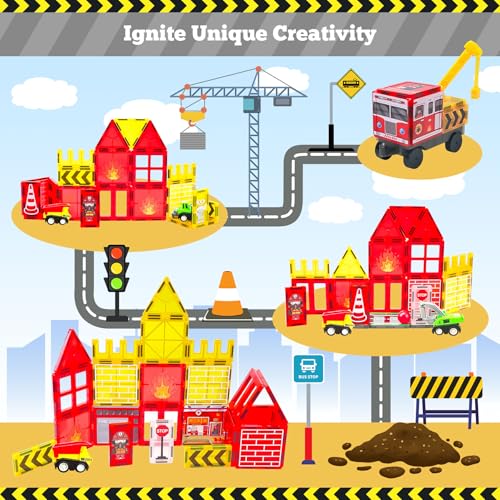 Magnetic Tiles for Kids, 56PCS Construction Magnet Tiles with Fire Truck Station, Building, Road, Crane, Car Truck - STEM Magnetic Blocks for Kids Ages 4-8, Toys for 4 5 Year Old Boys Birthday Gifts - Image 3