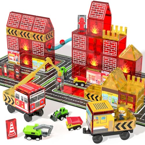 Magnetic Tiles for Kids, 56PCS Construction Magnet Tiles with Fire Truck Station, Building, Road, Crane, Car Truck - STEM Magnetic Blocks for Kids Ages 4-8, Toys for 4 5 Year Old Boys Birthday Gifts