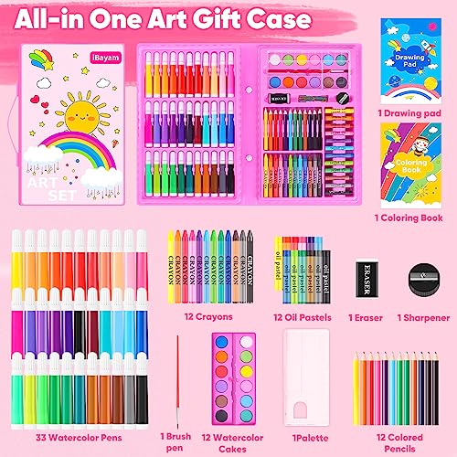 iBayam Art Supplies, 149-Pack Drawing Kit Painting Art Set Art Kits Gifts Box, Arts and Crafts for Kids Girls Boys, with Coloring Book, Crayons, Pastels, Pencils, Watercolor Pens & Cakes (Pink) - Image 2