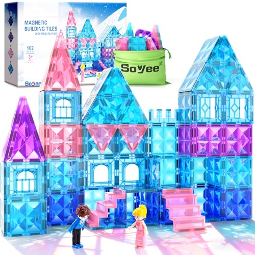 Magnetic Tiles 102pcs with 2 Stairs 2 Dolls Princess Castle ...