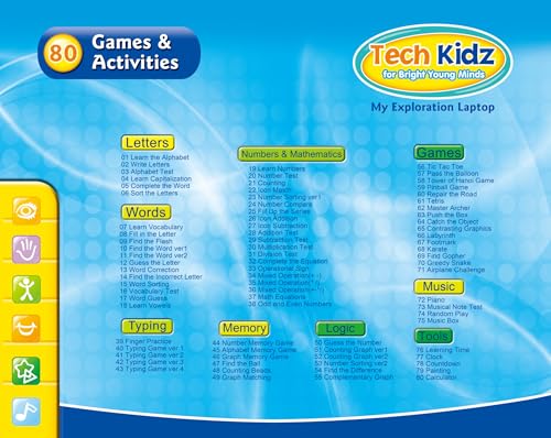 Tech Kidz - STEM Toy Computer Educational Learning Laptop, 80 Challenging Learning Activities to Learn Mathematics, Words, Logic, Typing, LCD Screen with Backlight, Mouse Included, Ages 4+ (Blue) - Image 5