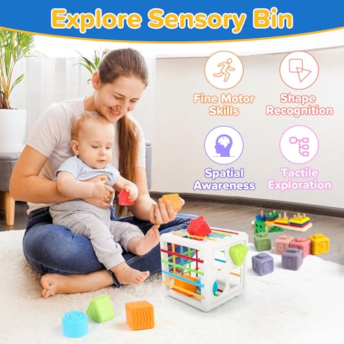 6-in-1 Baby Toys 6 to 12 Months, Montessori Toys for Babies 6-12-18 Months, Infant Teething Toy Stacking Blocks Rings Sensory Bin, Sorting Sensory Educational Learning Gift for Toddlers Aged 1-3 - Image 3