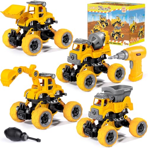 LUDILO 4PCS Take Apart Toys for 4 Year Old Boys Construction Toys with Electric Drill DIY Assembly Building Stem Toys Trucks Gifts for 3 4 5 6 7 8 Year Old Boys Girls Kids Learning Educational Toys