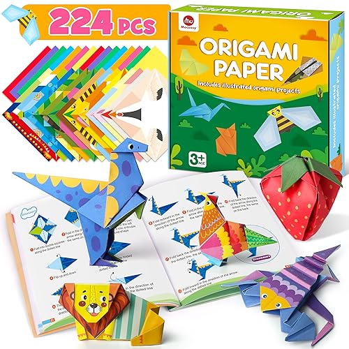 Mocoosy 224 Sheets Origami Paper Kit for Kids Ages 5-8 8-12, Folding Paper Set with Origami Book for Beginners, Art Craft Supplies for Boys Girls 9-12, Travel Game Car Road Trip Activities Toy Gifts