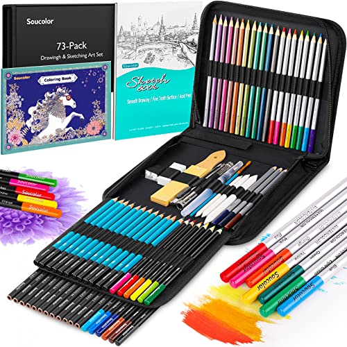 Soucolor 73 Pack Art Supplies Sketching Kit for Adults Artist Gifts, School Supplies, Drawing Sketching Pencils with Sketchbook, Coloring Book, Colored Watercolor Metallic Graphite Charcoal Pencils