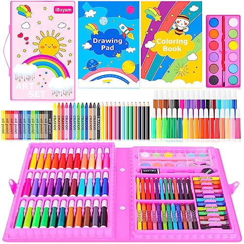 iBayam Art Supplies, 149-Pack Drawing Kit Painting Art Set Art Kits Gifts Box, Arts and Crafts for Kids Girls Boys, with Coloring Book, Crayons, Pastels, Pencils, Watercolor Pens & Cakes (Pink)
